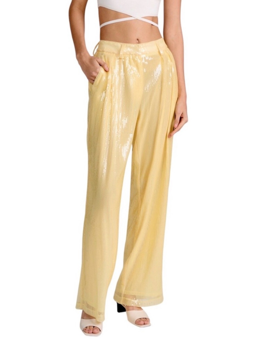 NEW STAUD size 2 Wide Leg Pants Luisa Pleated Sequined High Rise Yellow